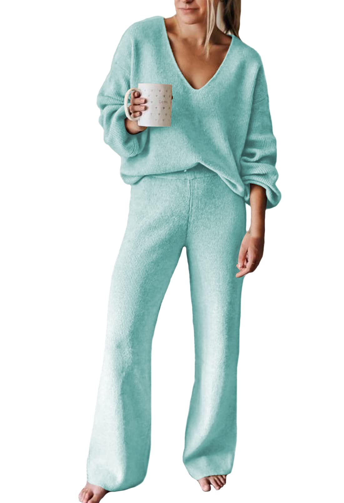 Viottiset Women's 2 Piece Outfits Casual V Neck Knit Wide Leg Sweater Lounge Set Sweatsuit-47