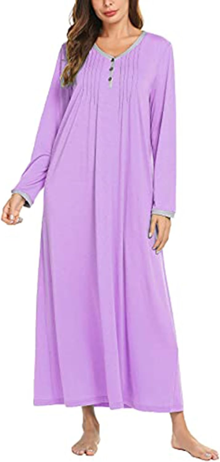 Ekouaer Women's Long Sleeve Nightgown Full Length Sleepwear Long Sleepshirts Henley Sleep Dress S-4XL-43