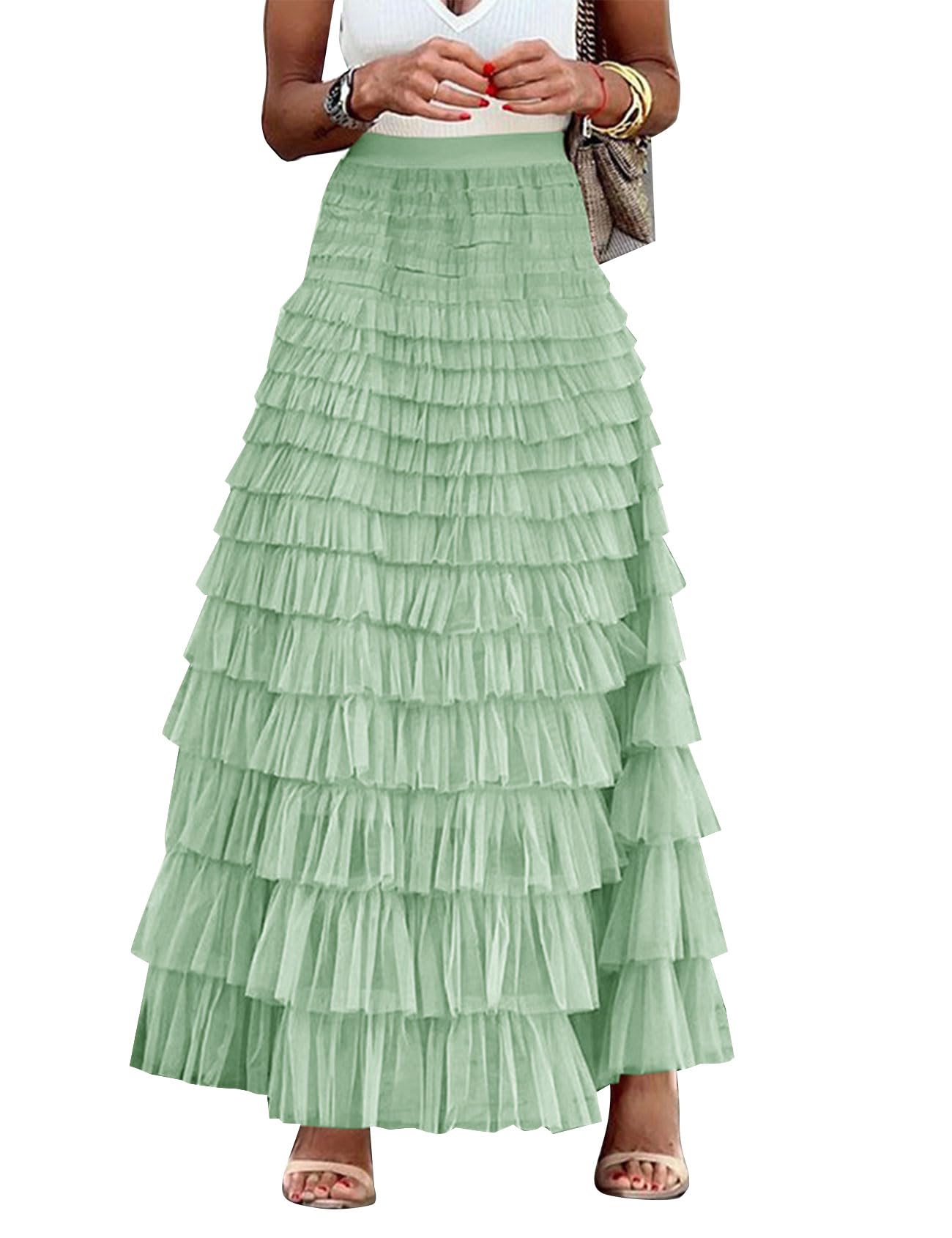 Flygo Women's Long Maxi Tulle Skirts A Line Ruffle High Waisted Tiered Layered Mesh Tutu Skirt Petticoat
