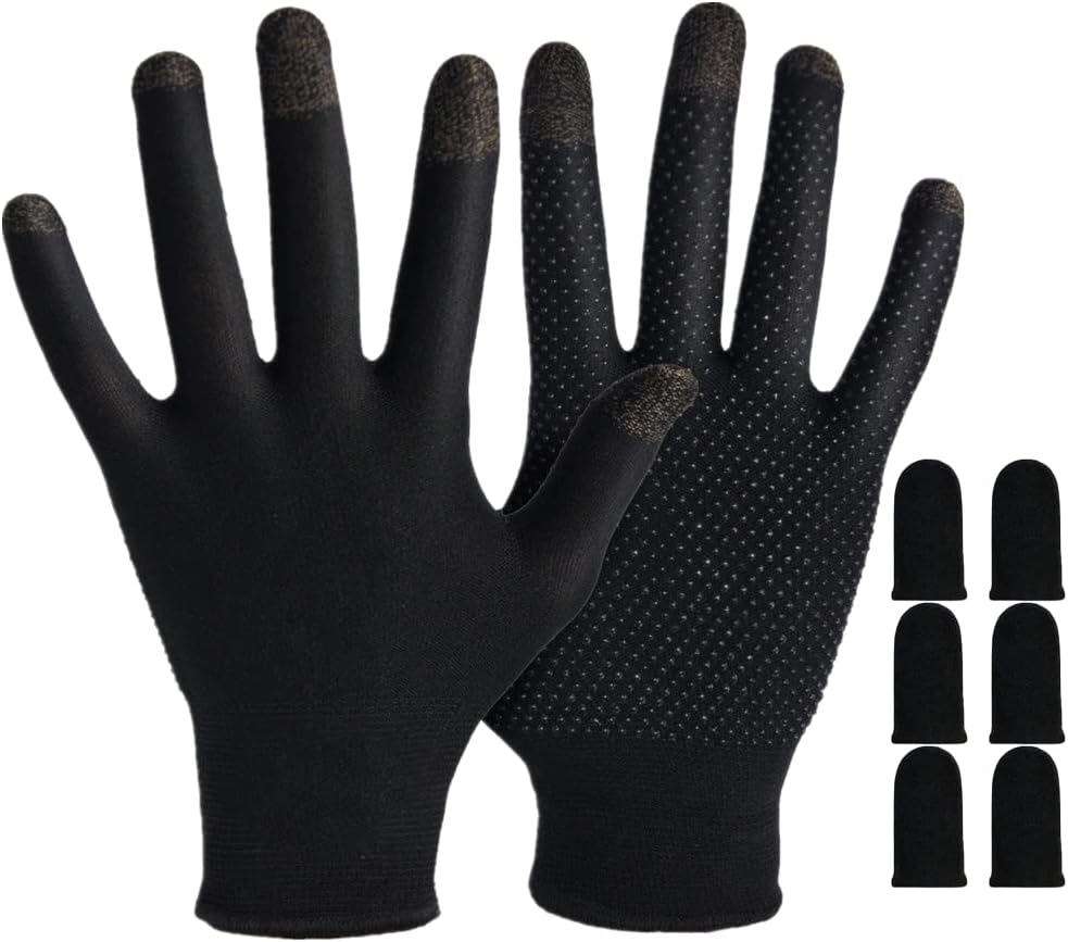 Gaming Gloves for Sweaty Hands - Rakizbe High-Sensitive Anti-Sweat Breathable Seamless Touch Screen Gloves with Thumb Finger Sleeves for iPad/Mobile Game Controller