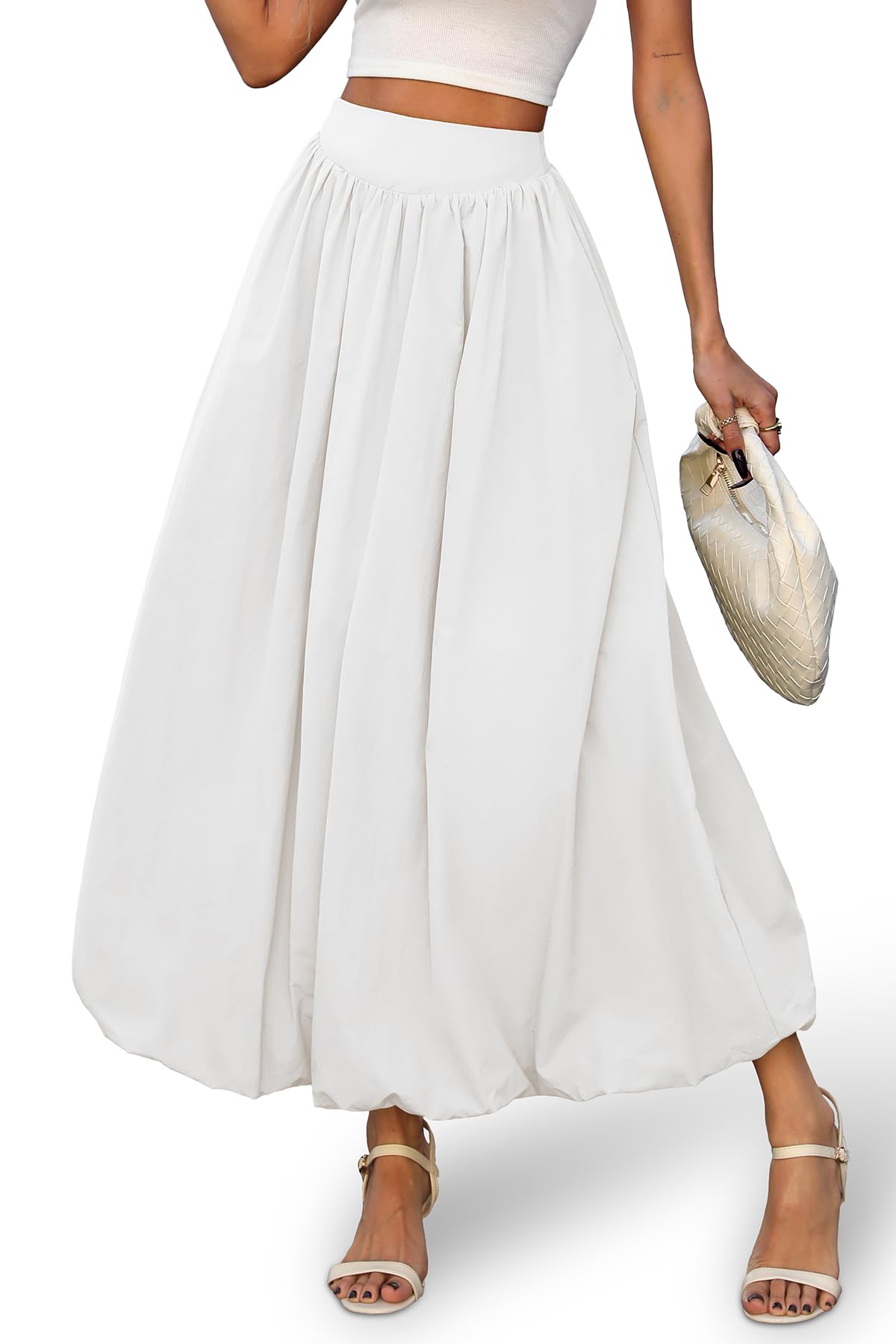 ELLEVEN Women's Bubble Maxi Skirt, Elastic Waist Puffy Hem A-Line Skirt with Pockets