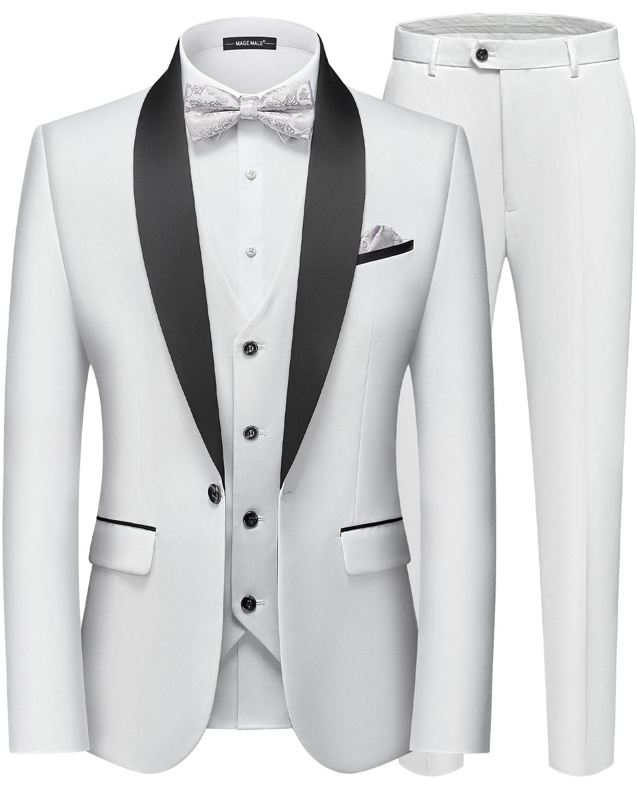 MAGE MALE Men's Slim Fit 3 Piece Suit One Button Solid Shawl Lapel Blazer Jacket Vest Pants Set with Tie Pocket Square-77