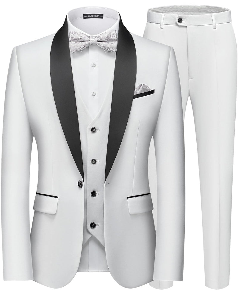 MAGE MALE Men's Slim Fit 3 Piece Suit One Button Solid Shawl Lapel Blazer Jacket Vest Pants Set with Tie Pocket Square-77