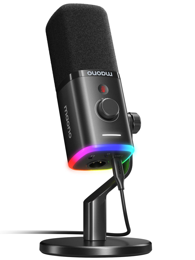 MAONO XLR/USB Gaming Microphone for PC, Dynamic Computer Mic for Streaming Podcasting, Noise Reduction, Mute, Volume Control, RGB Boom Mic for Vocal Recording,Voice-Over, PD100XS Black