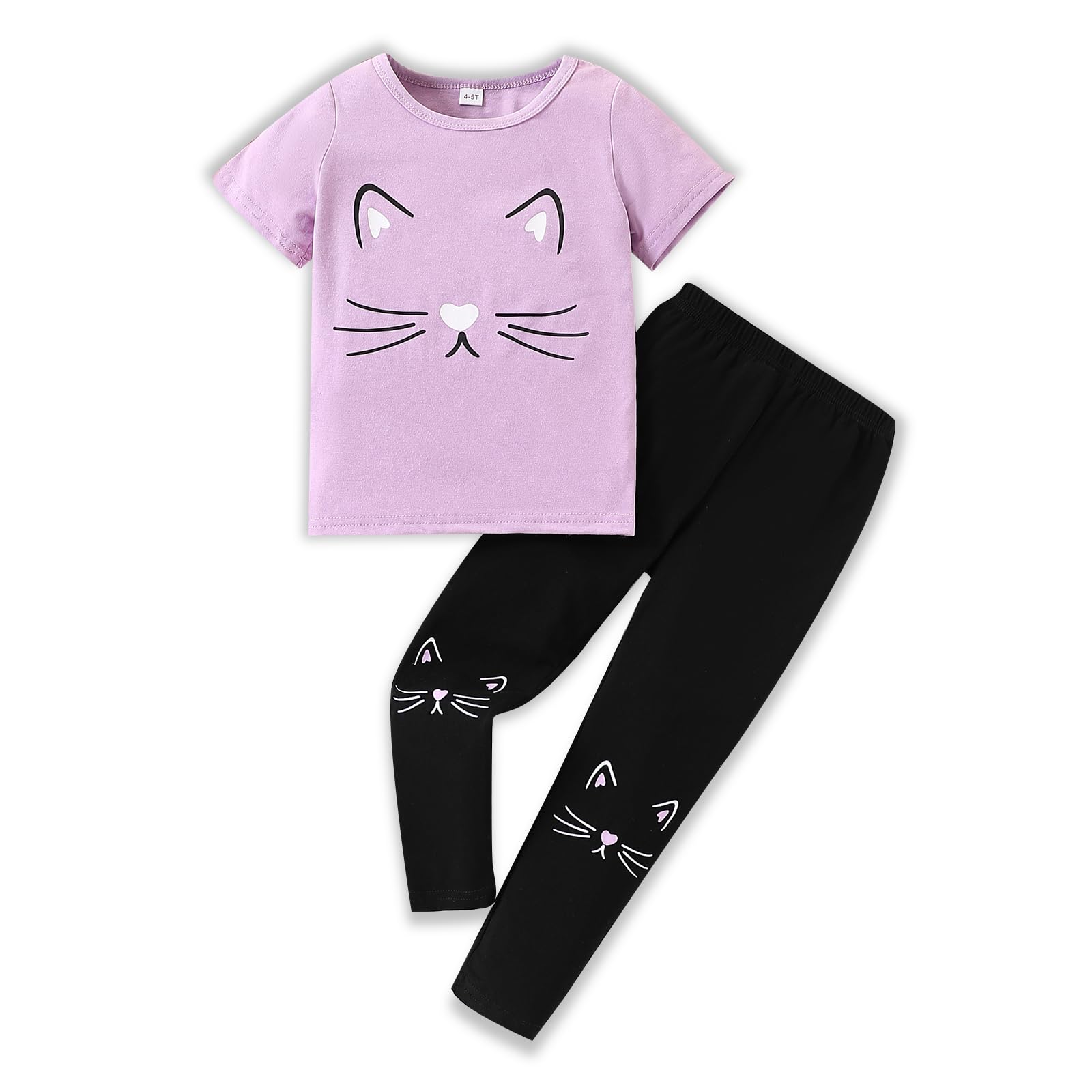 4-8T Toddler Girl Clothes Cat face print Short Sleeve Top+Pants Outfits Girl Spring and summer 2-Piece Set