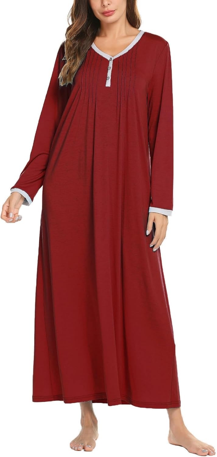 Ekouaer Women's Long Sleeve Nightgown Full Length Sleepwear Long Sleepshirts Henley Sleep Dress S-4XL-100