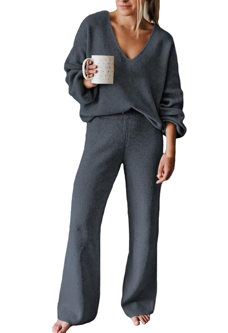 Viottiset Women's 2 Piece Outfits Casual V Neck Knit Wide Leg Sweater Lounge Set Sweatsuit-54