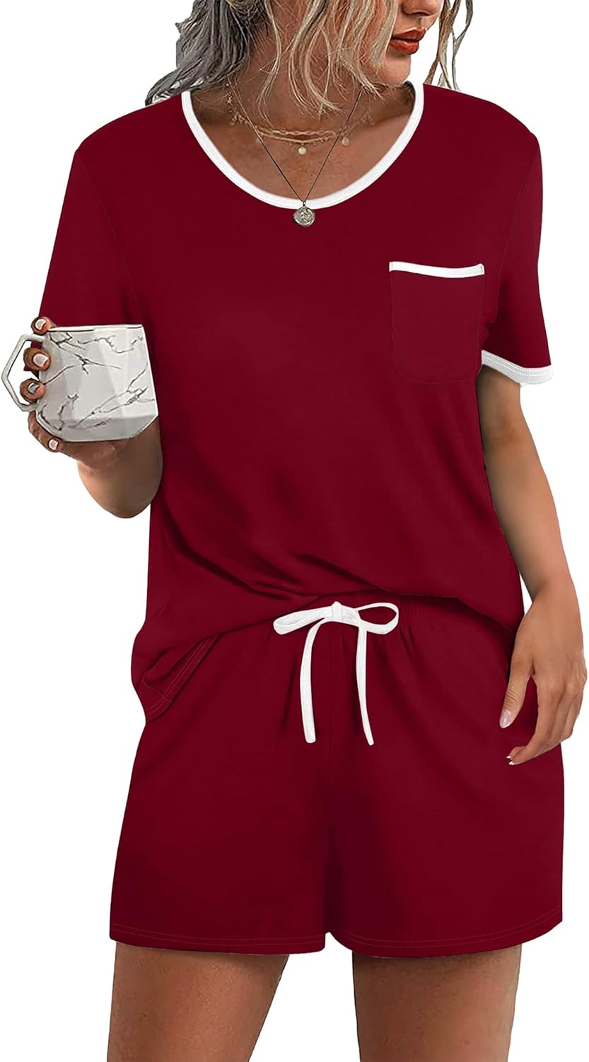 Ekouaer Pajama Set for Women 2 Piece Lounge Set Short Sleeve Tops and Shorts Soft Sleepwear, Chest Pocket-73