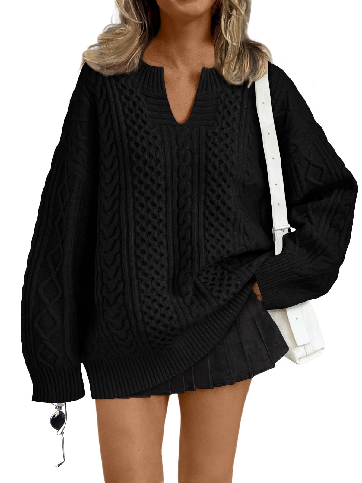 Trendy Queen V Neck Oversized Cable Knit Sweaters for Women Trendy 2025 Fall Fashion Outfits Clothes Winter Clothing-8