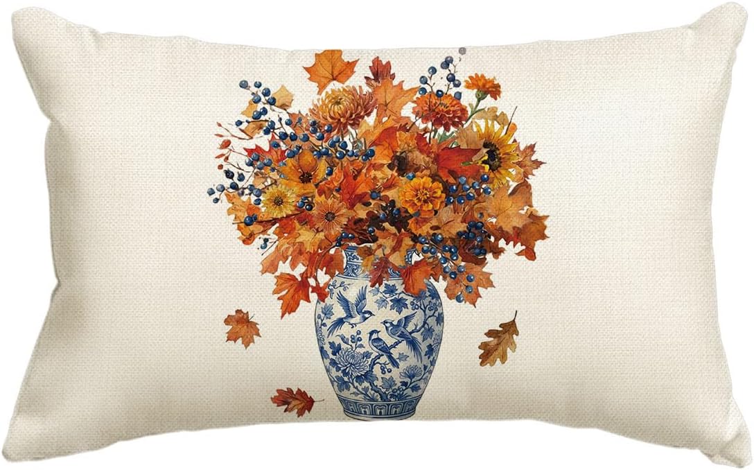 AVOIN colorlife Fall Flowers Bird Vase Throw Pillow Cover 12x20 Inch