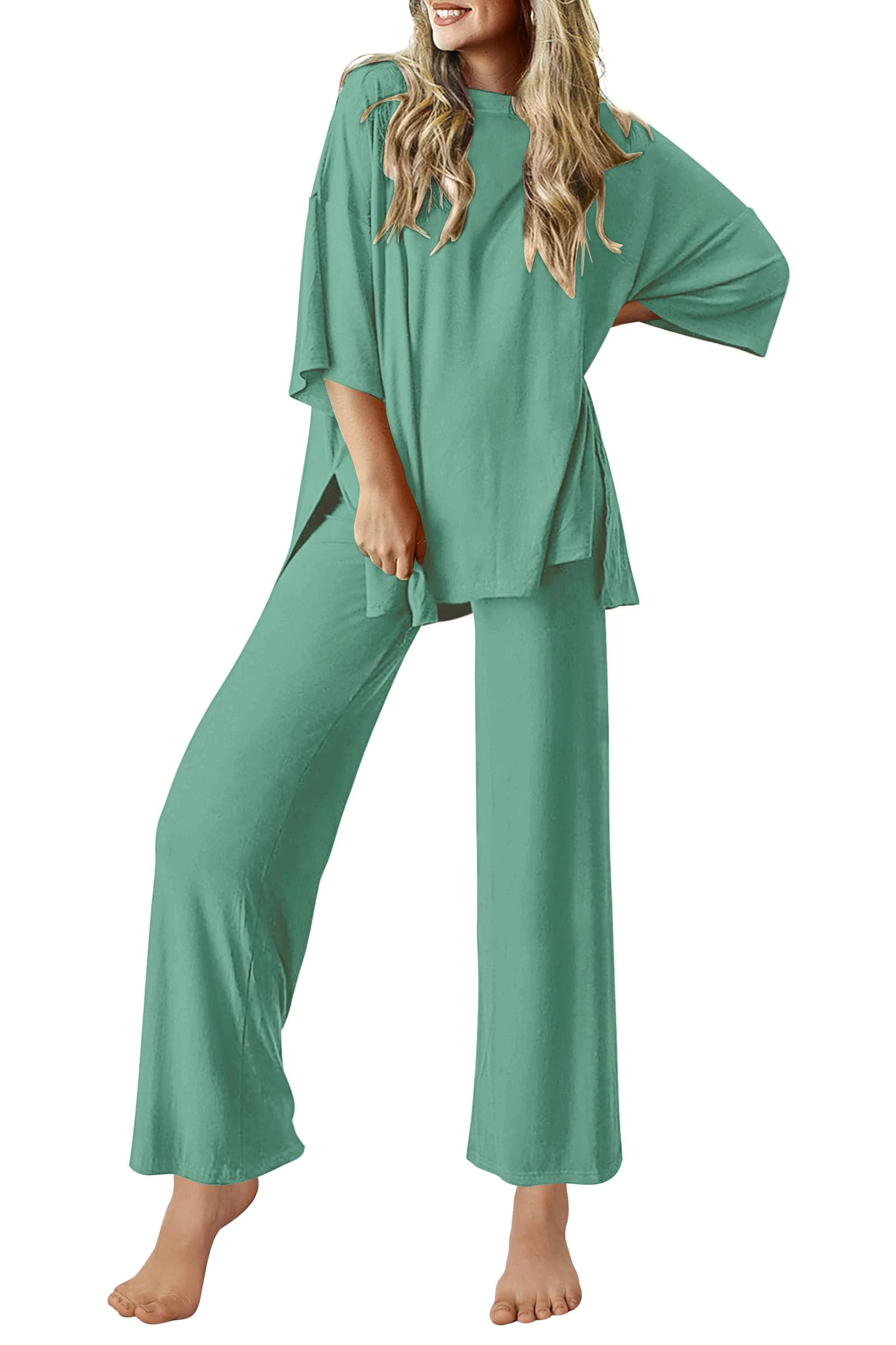 Ekouaer Lounge Sets for Women Short Sleeve Tops and Long Pants Soft Comfy Pajamas Set 2 Piece Outfits S-XXL-35