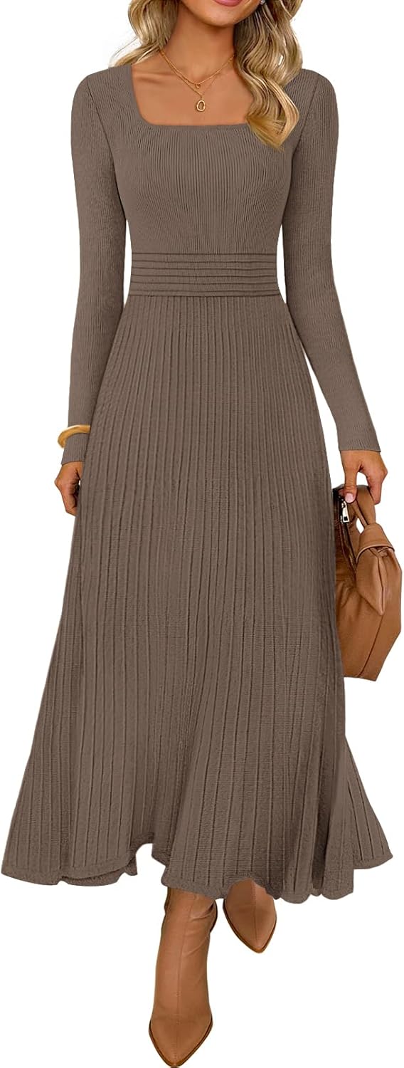 MEROKEETY Women's Sweater Dress 2025 Fall Winter Casual Long Sleeve Square Neck Pleated Church Work Knit Midi Dresses-37