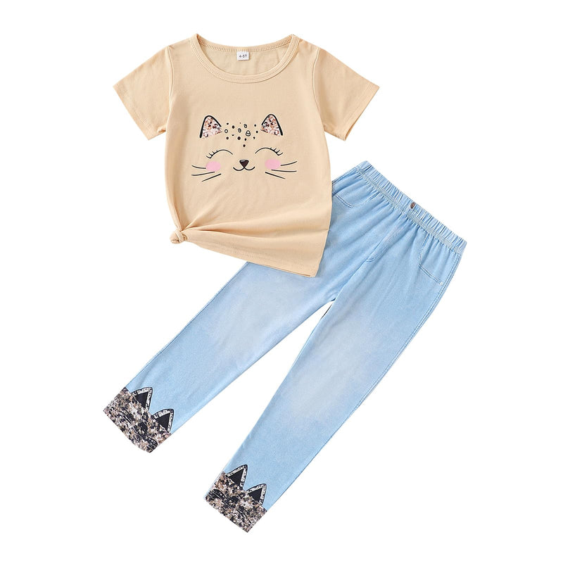 4-8T Toddler Girl Clothes Cat face print Short Sleeve Top+Pants Outfits Girl Spring and summer 2-Piece Set