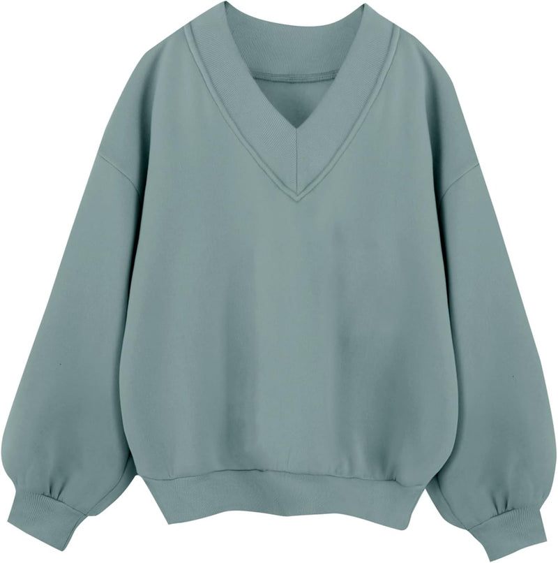 Hilinker Womens V Neck Oversized Sweatshirts Casual Drop Shoulder Long Sleeve Pullover Tops-96