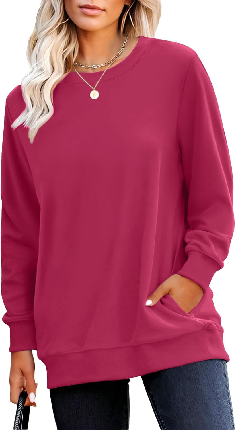 RUMIA Crewneck Fall Sweatshirts for Women Trendy- Women's Plain Long Sleeve Pullover Tops with Pockets Fashion-44