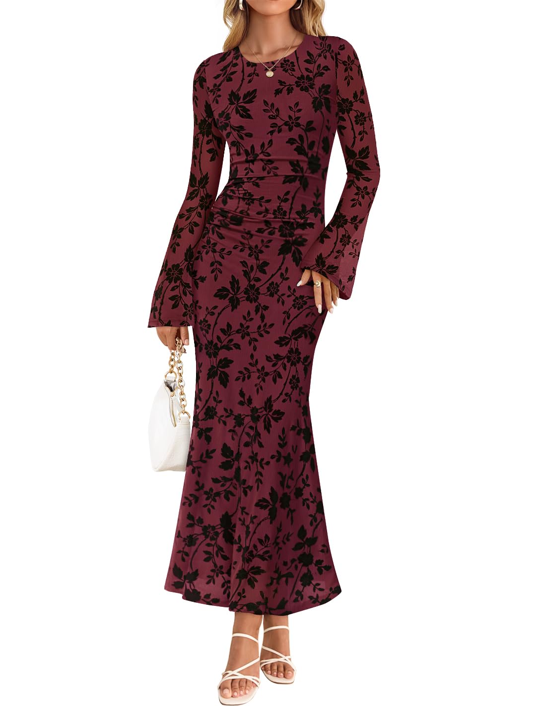 ZESICA Women's Long Sleeve Floral Bodycon Dress 2026 Spring Fall Ruched Mesh Wedding Guest Cocktail Party Maxi Dresses-7