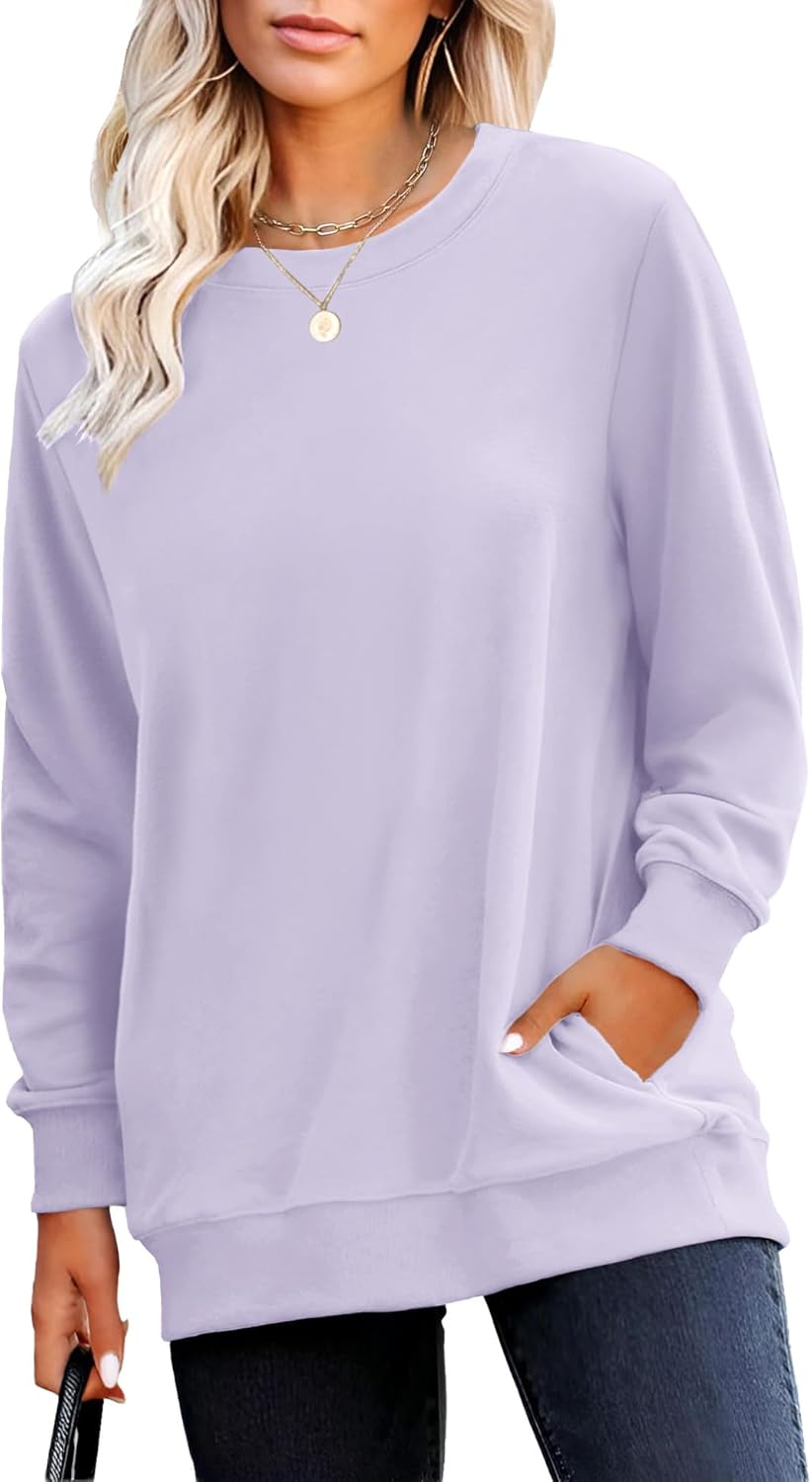 RUMIA Crewneck Fall Sweatshirts for Women Trendy- Women's Plain Long Sleeve Pullover Tops with Pockets Fashion-64