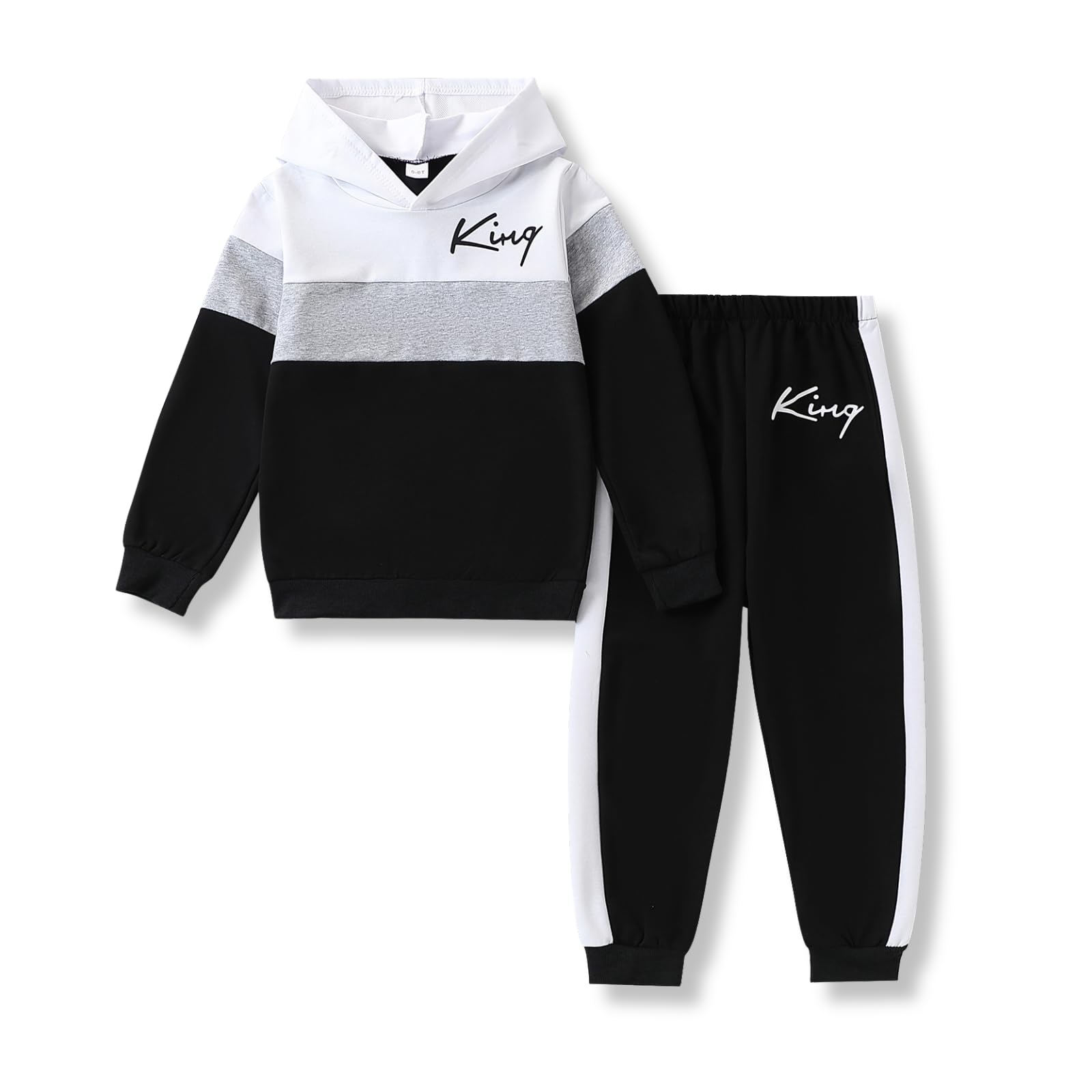 Voxikidio Kids Boys Clothes Color Blocking Hoodie Sweatshirts and Pant 2Pcs Fall Outfits Set Size 5-10