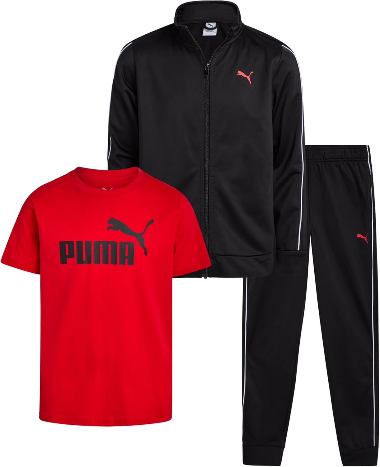 PUMA Boys Pants Set - 3 Piece Athletic T-Shirt, Zip Up Jacket, Jogger Pants - Boys Activewear Tricot Jogset (8-16)