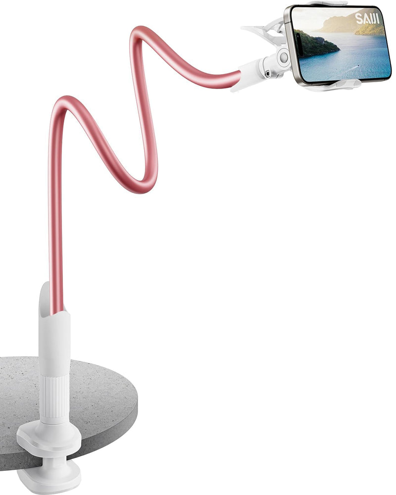 SAIJI Gooseneck Cell Phone Holder, Clamp Universal Lazy Mount Clip Hands Free Flexible Long Arm Bracket Grip for 4-7 Phones Mobile Stand Baby Monitor for Desk, Bed, Office, Kitchen (White)