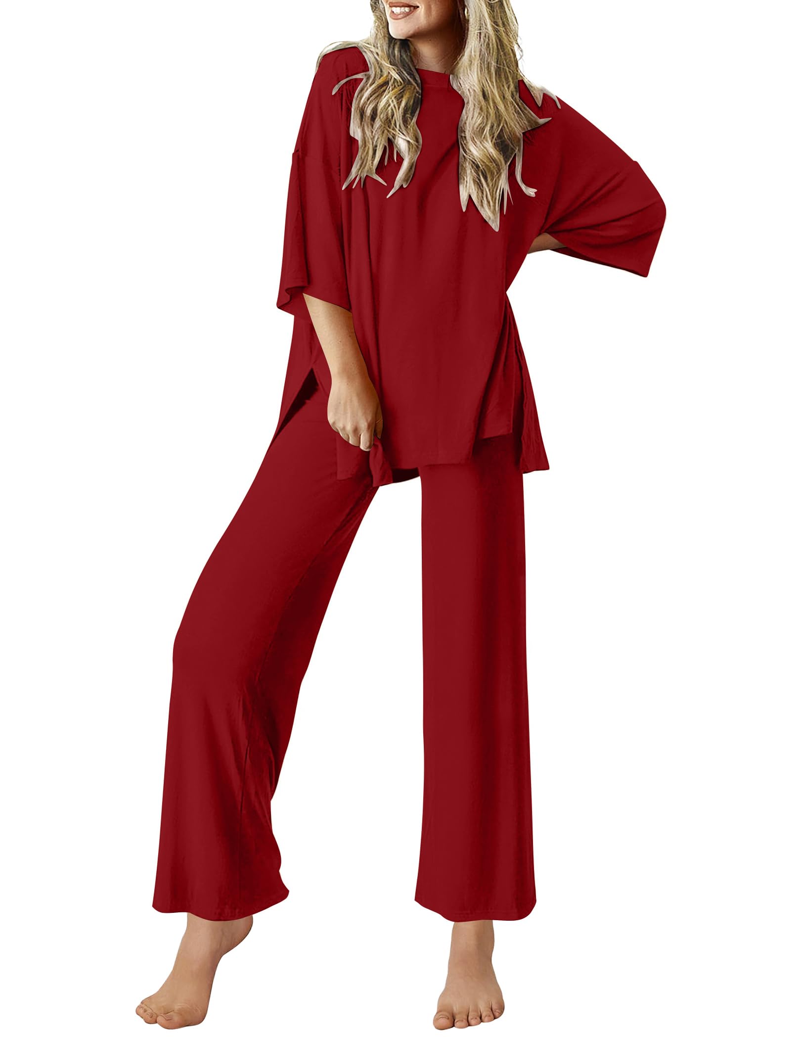 Ekouaer Lounge Sets for Women Short Sleeve Tops and Long Pants Soft Comfy Pajamas Set 2 Piece Outfits S-XXL-18