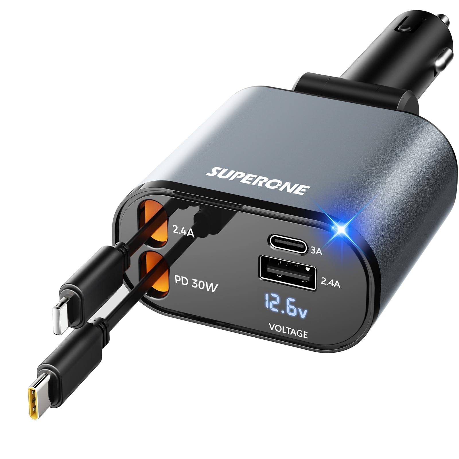 [Upgraded] SUPERONE Retractable Car Charger 4 in 1, Fast Car Phone Charger with Cord 2.6ft, USB C and Apple Car Adapter, Compatible with iPhone 17 16 15/15 Pro Max/14/13/12/11, Galaxy, Pixel