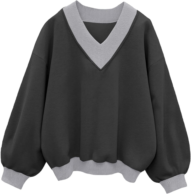 Hilinker Womens V Neck Oversized Sweatshirts Casual Drop Shoulder Long Sleeve Pullover Tops-34