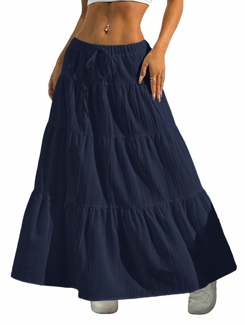 Maxi Skirts for Women Ruffle Hem A Line Long Skirts Elastic Waist Elegant Tiered Layer Boho Long Dress