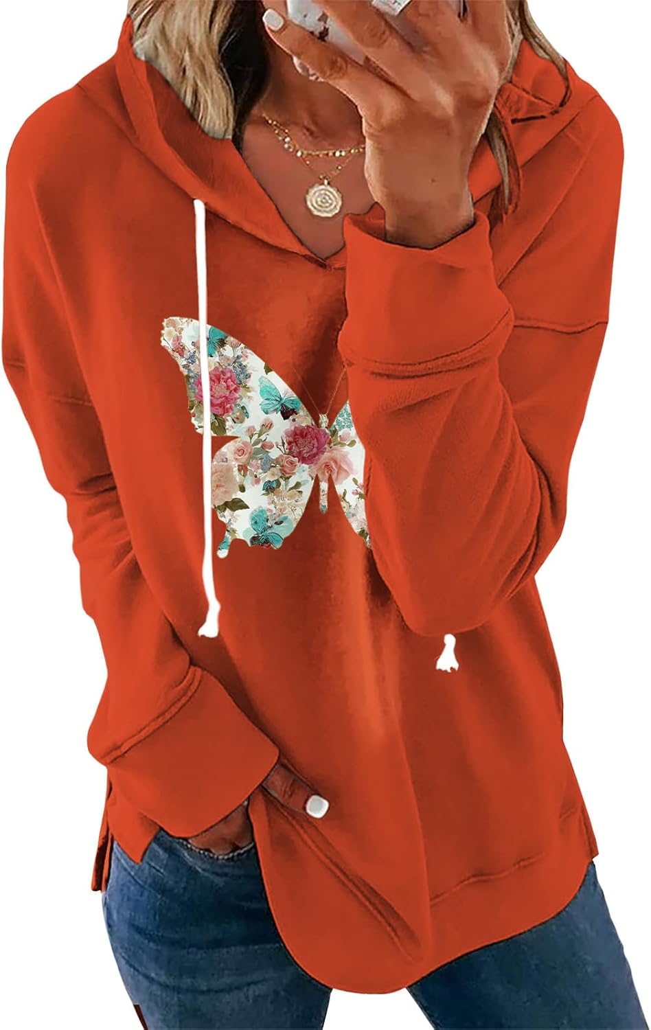 Womens Casual Loose Fit Pullover Sweatshirt with Artistic Print Drawstring Hood Long Sleeve Cotton Blend for Fall-87