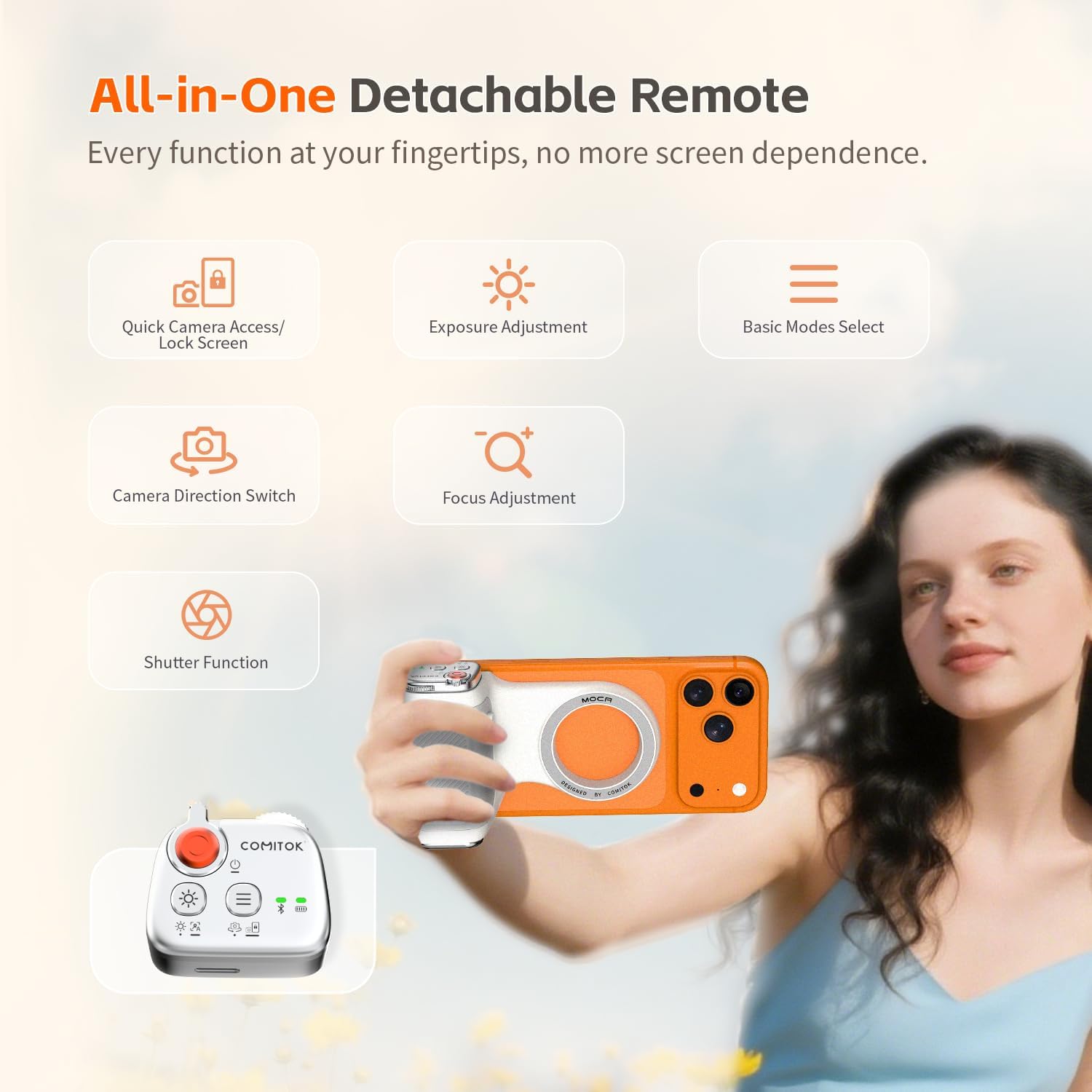 COMITOK MOCA - iPhone Camera Grip - for Native Camera Control with Removable Remote & Built-in Keychain, Magnetic Phone Camera Grip No Need App Support iOS26/17/18, Fun Shot Magnetic Grip with 1/4 Nut