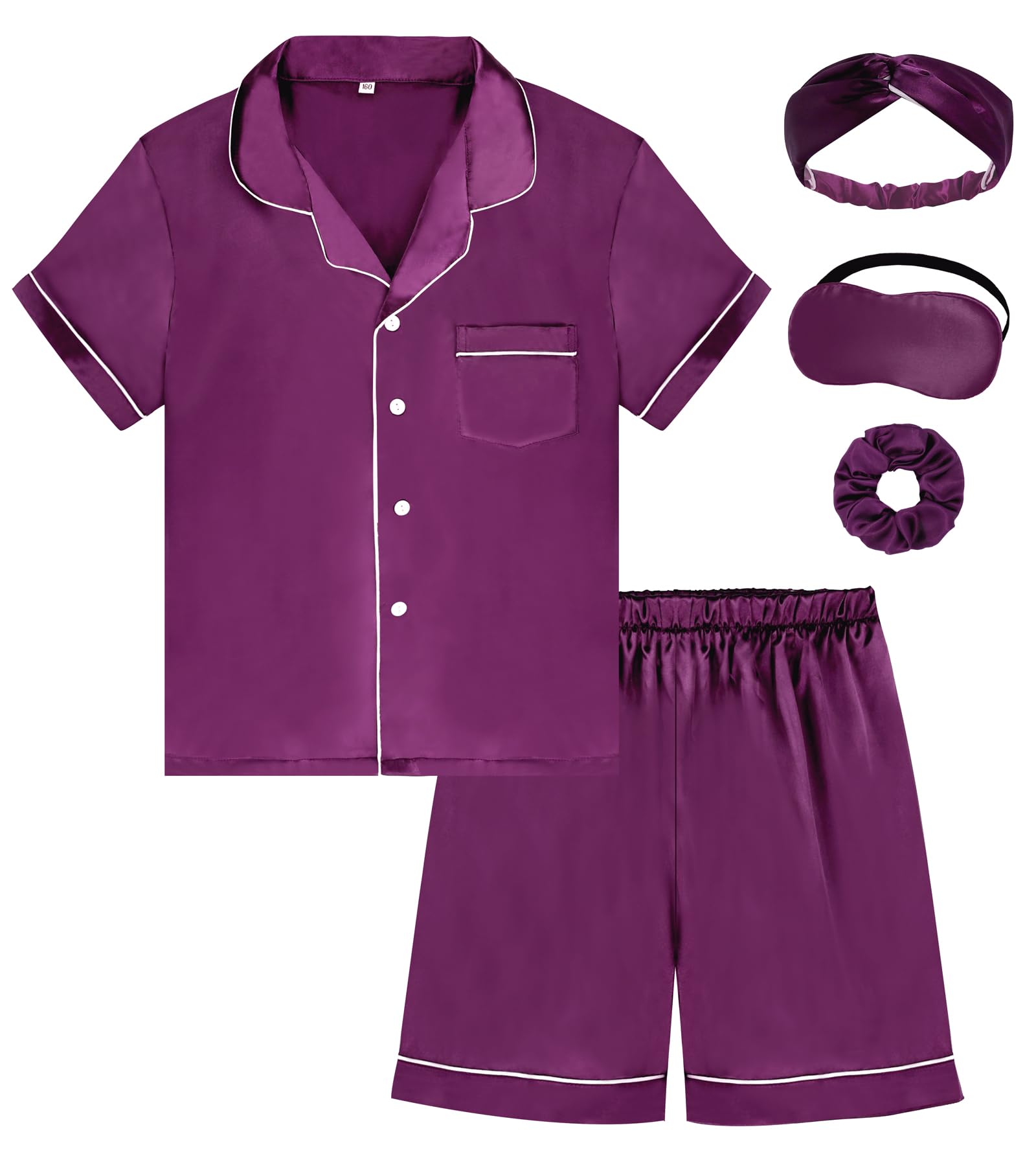 EPLAZA Kids Satin Pajamas Sets Girls Boys Button-Down Silky Pajamas Sleepwear with Hairband Eye Mask Hair Tie-69