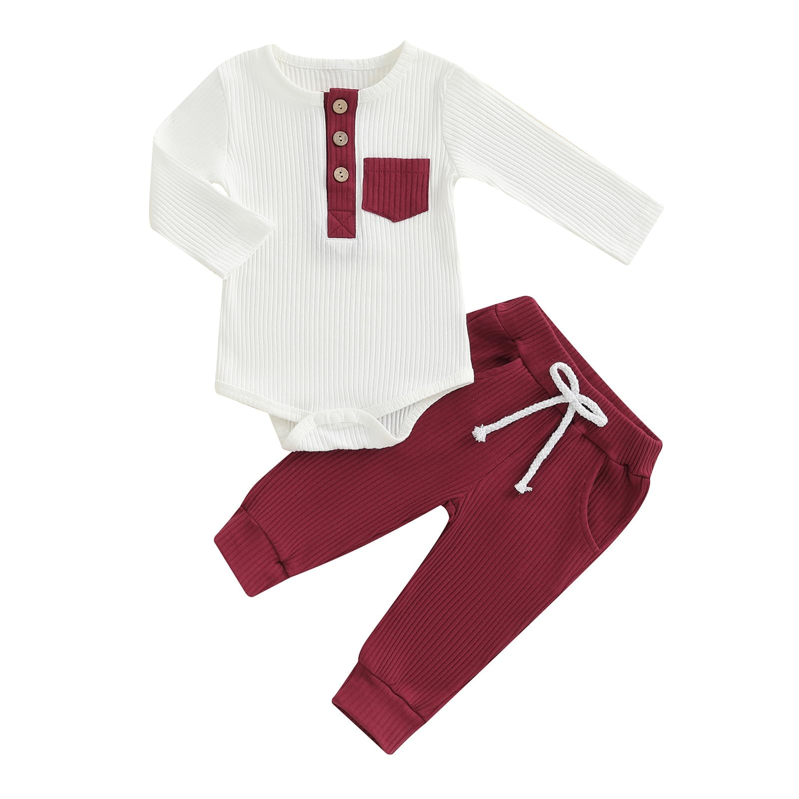 fhutpw Baby Boy Clothes 3 6 12 18 Months Ribbed Knitted Long Sleeve Romper and Pants Sets Newborn Fall Splicing Color Outfits