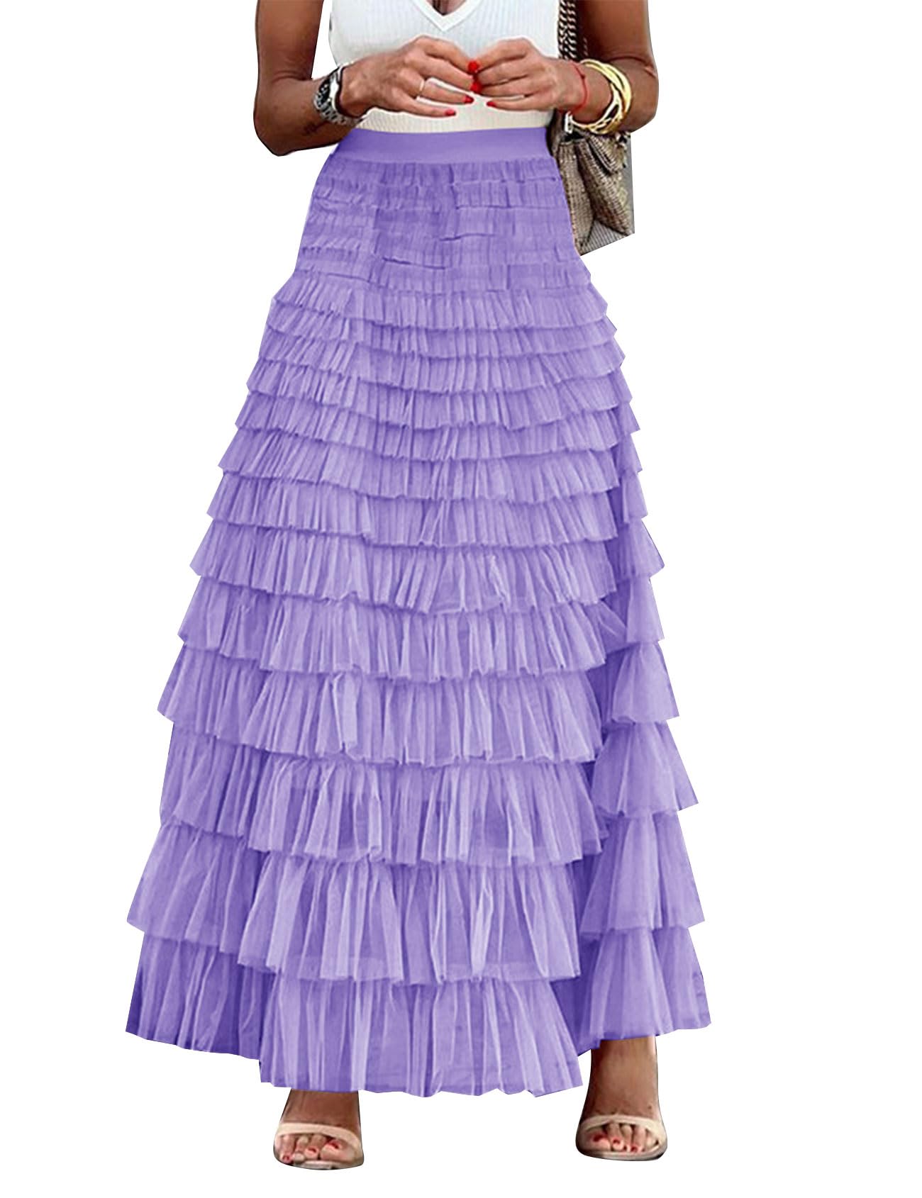 Flygo Women's Long Maxi Tulle Skirts A Line Ruffle High Waisted Tiered Layered Mesh Tutu Skirt Petticoat