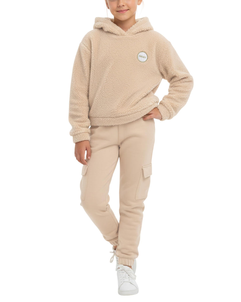 DKNY Girls Tracksuit Set - 2 Piece Cozy Soft Sherpa Fur Pullover Hoodie and Cargo Joggers Sweatpants Girls Sweatsuit Set-25