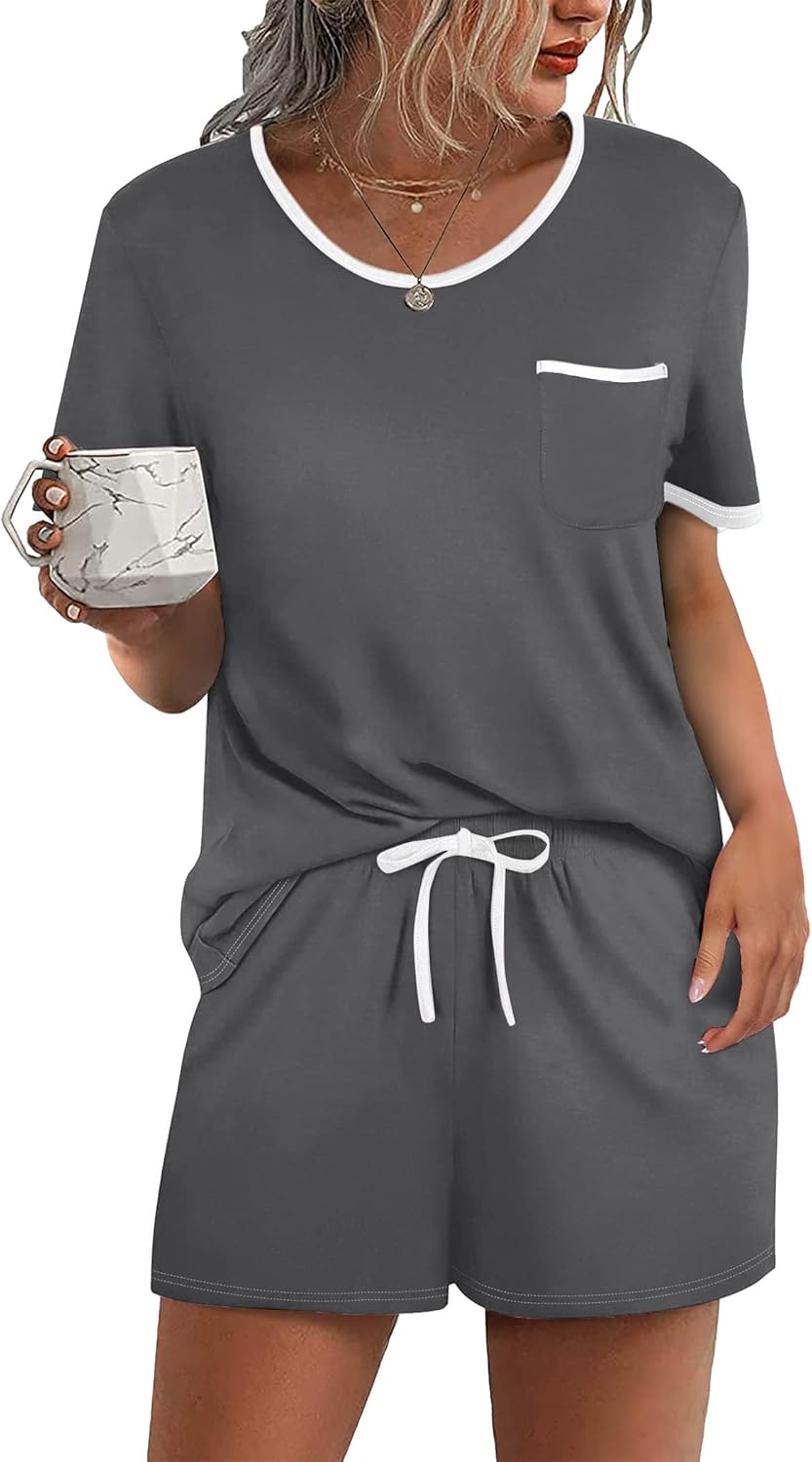 Ekouaer Pajama Set for Women 2 Piece Lounge Set Short Sleeve Tops and Shorts Soft Sleepwear, Chest Pocket-65
