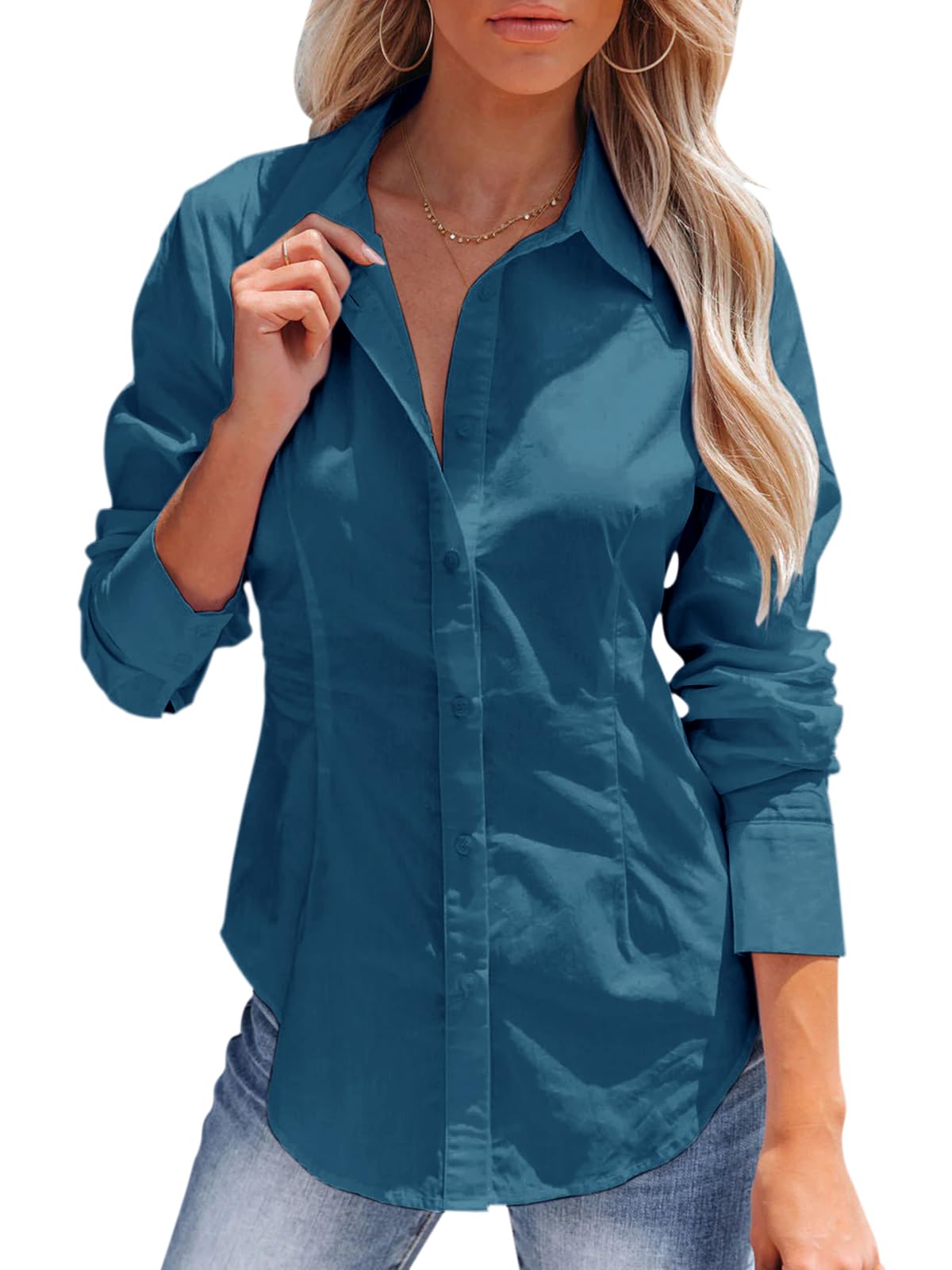 siliteelon Women's Button Down Shirts Long Sleeve Dress Shirts Wrinkle Free Collared Work Office Solid Blouses Corset Tops-79