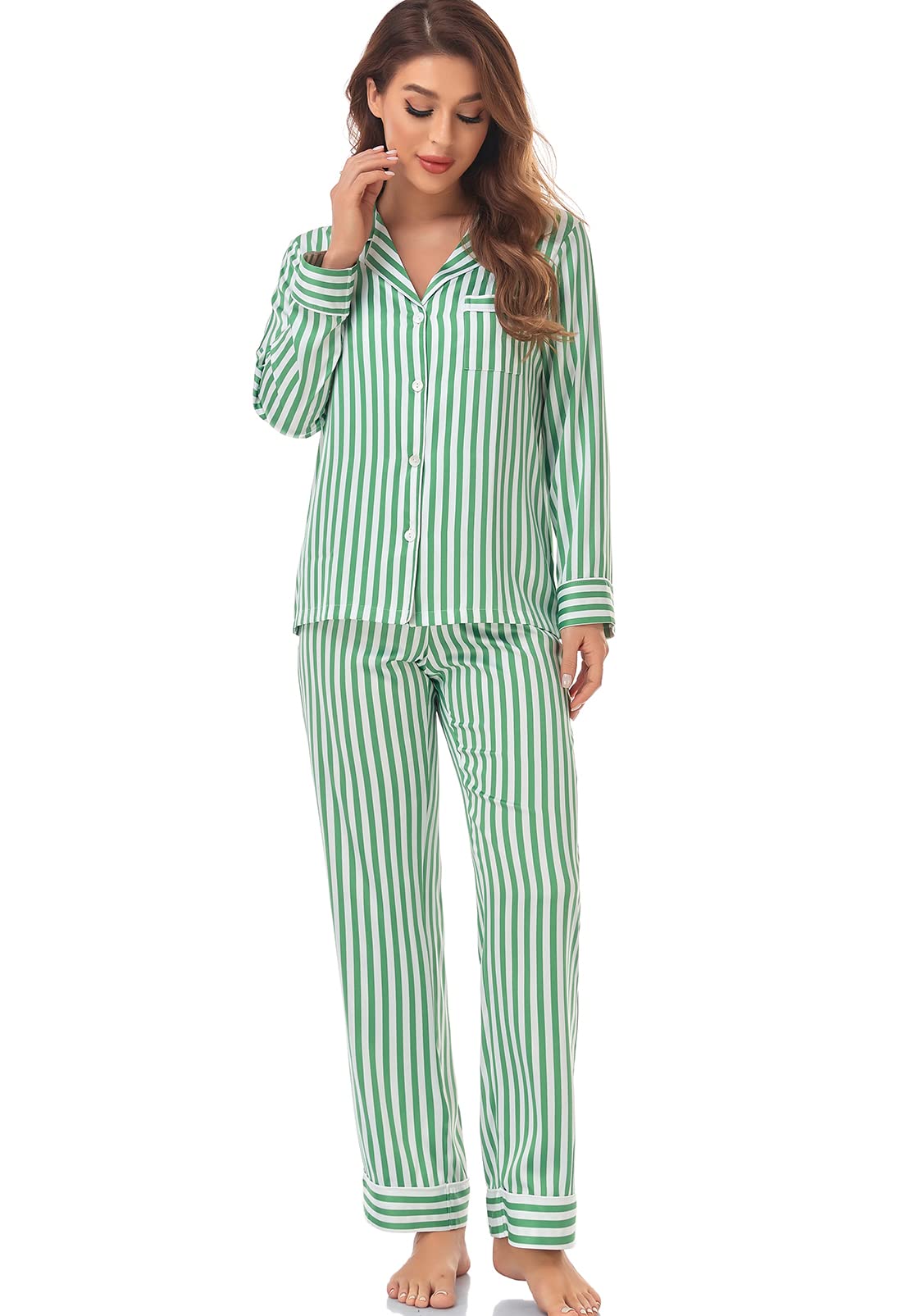 Women's Satin Pajama Set Long Sleeve Button Down Sleepwear 2-Piece Silky Pj Set-70