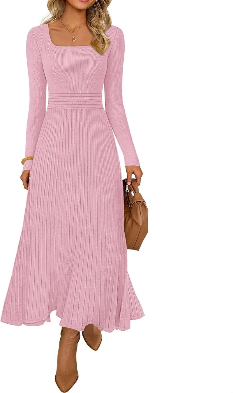 MEROKEETY Women's Sweater Dress 2025 Fall Winter Casual Long Sleeve Square Neck Pleated Church Work Knit Midi Dresses-20