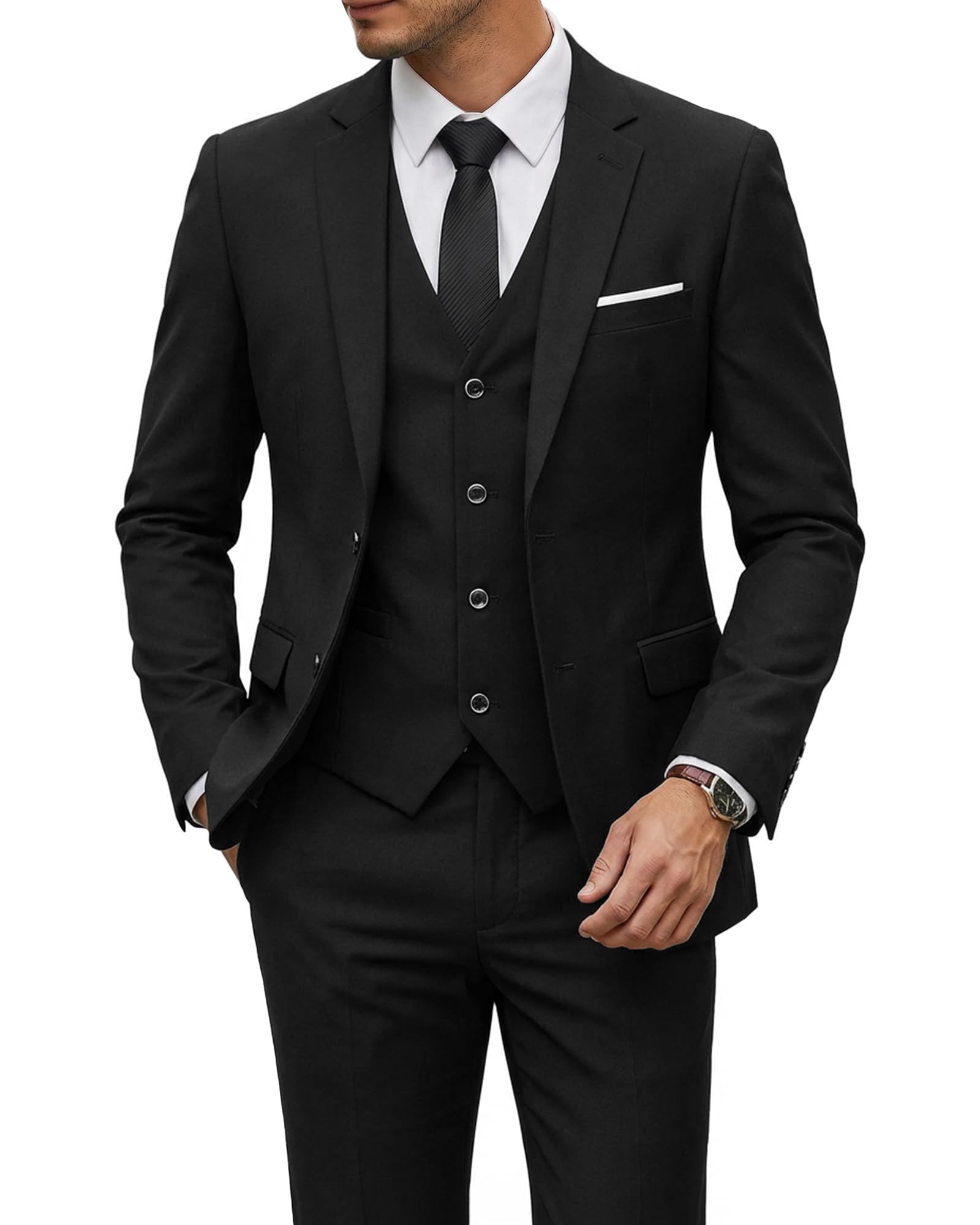 YND Men's 3 Piece Suit Set with Tie, 2 Button Slim Fit Solid Blazer Jacket Vest Pants, Business Wedding Party Suits for Men