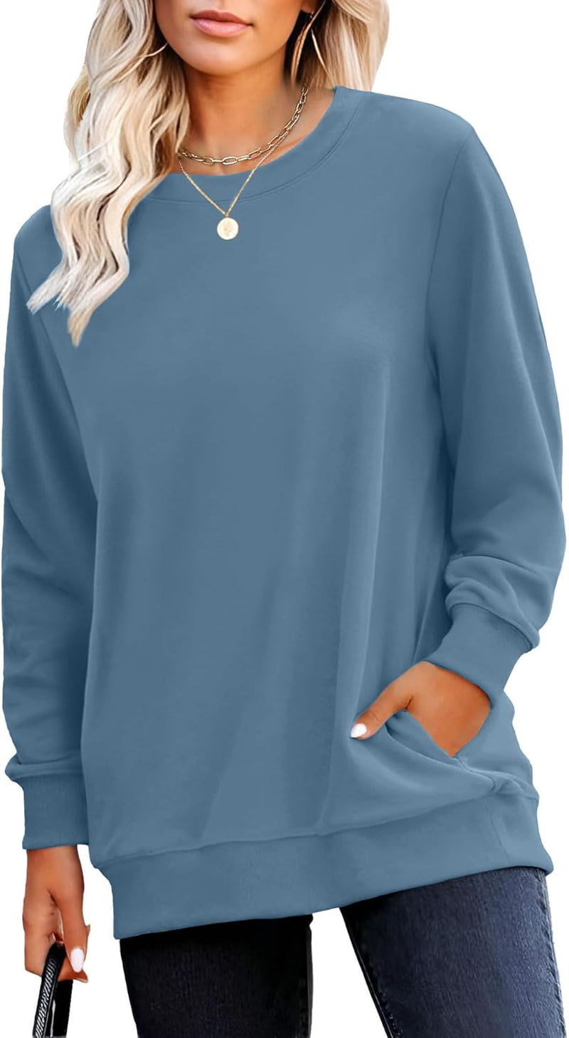 RUMIA Crewneck Fall Sweatshirts for Women Trendy- Women's Plain Long Sleeve Pullover Tops with Pockets Fashion-56
