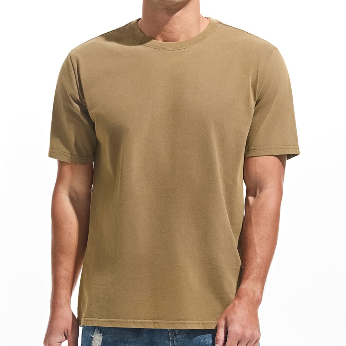 VEIISAR Men's Heavy Weight Crew Neck 100% Cotton T-Shirt - 250g/m² Thick Distressed Washed T-Shirts for Men