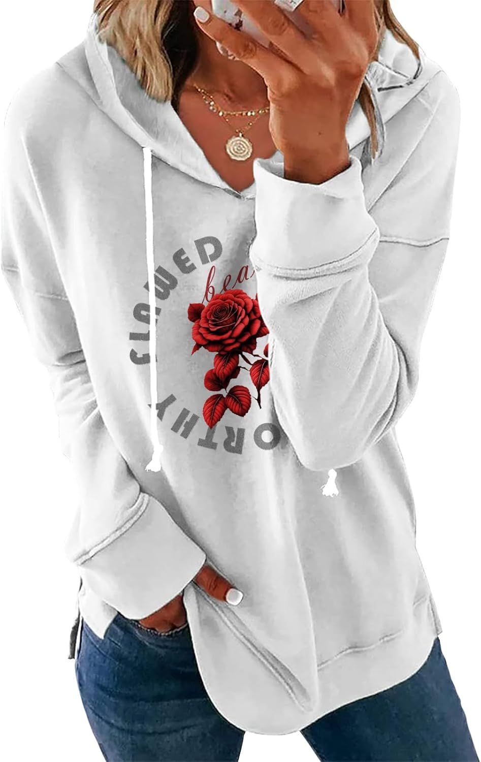 Womens Casual Loose Fit Pullover Sweatshirt with Artistic Print Drawstring Hood Long Sleeve Cotton Blend for Fall-48