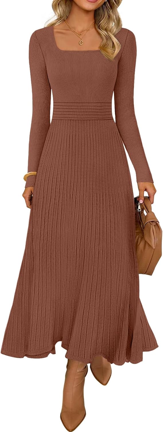 MEROKEETY Women's Sweater Dress 2025 Fall Winter Casual Long Sleeve Square Neck Pleated Church Work Knit Midi Dresses-26