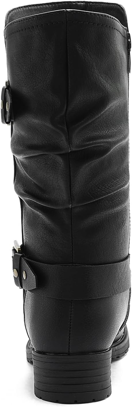 GLOBALWIN Women's Mid Calf Moto Boots With Buckle Straps