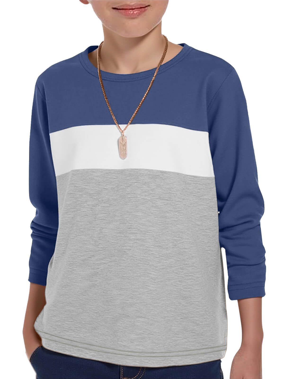 ZDC Kids Boys Long Sleeve T-Shirts Color Block Crewneck Fashion Basic Tee Tops 5-14 Years