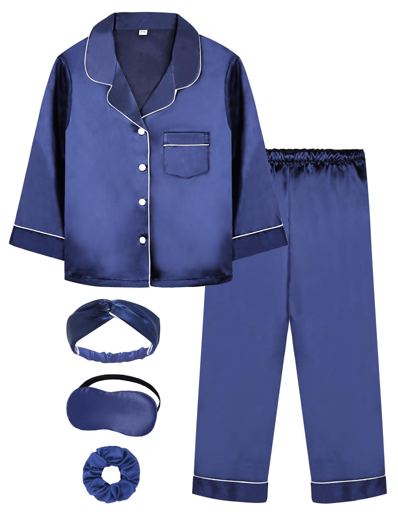 EPLAZA Kids Satin Pajamas Sets Girls Boys Button-Down Silky Pajamas Sleepwear with Hairband Eye Mask Hair Tie