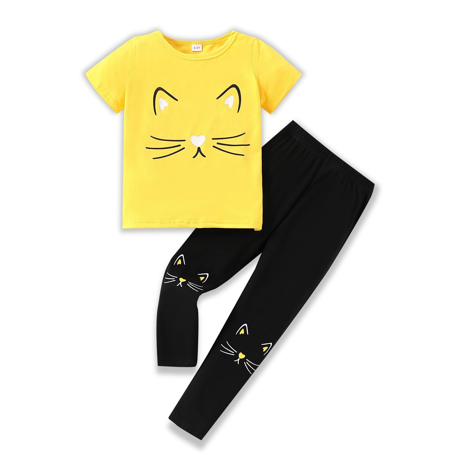 4-8T Toddler Girl Clothes Cat face print Short Sleeve Top+Pants Outfits Girl Spring and summer 2-Piece Set