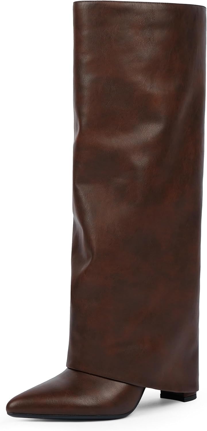 Modatope Knee High Boots Women Fold Over Knee High Boots Chunky High Heels Long Boots Zipper Pointed Toe Dress Tall Boots for Women-62