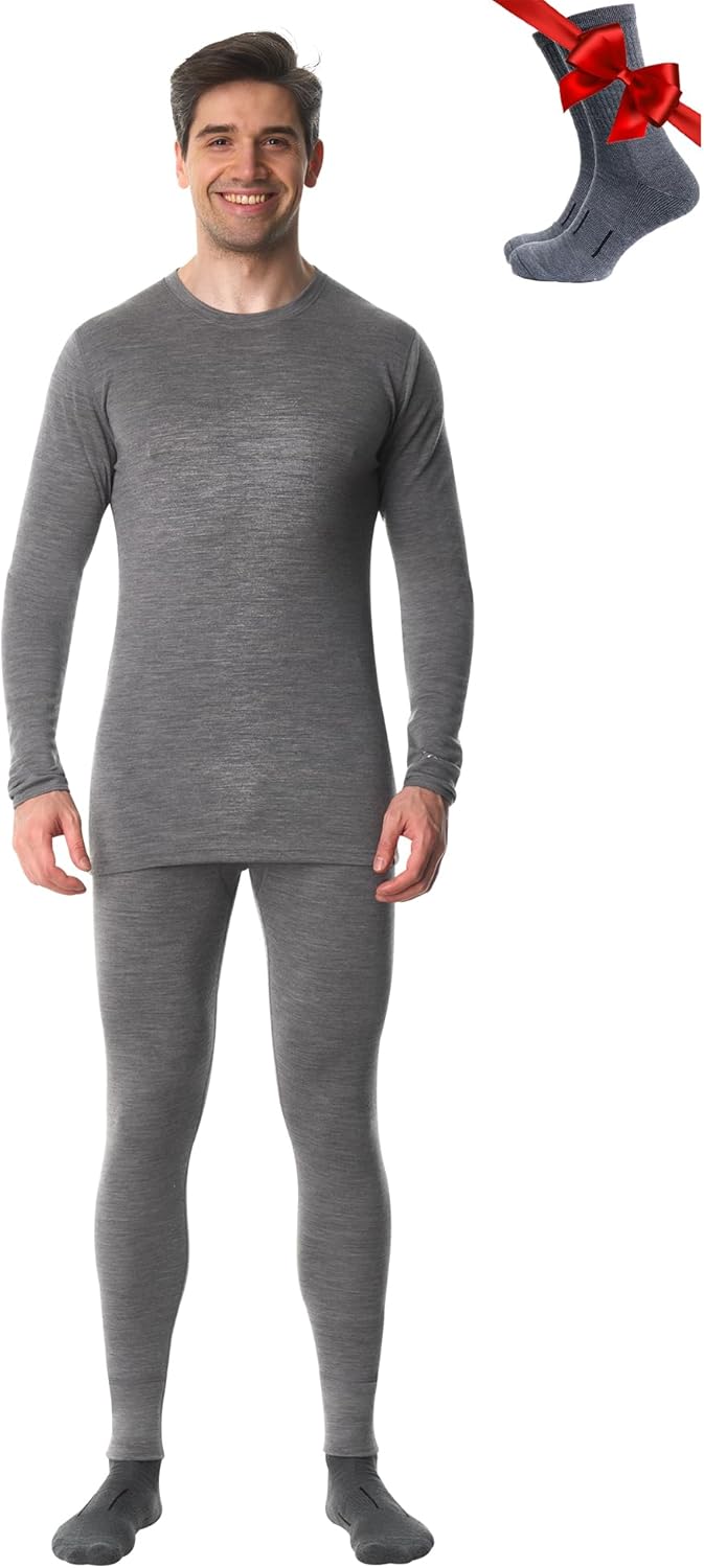 Merino.tech Merino Wool Base Layer Mens Set - Heavyweight, Midweight, Lite Merino Wool Thermal Underwear For Men Top, Bottom-95