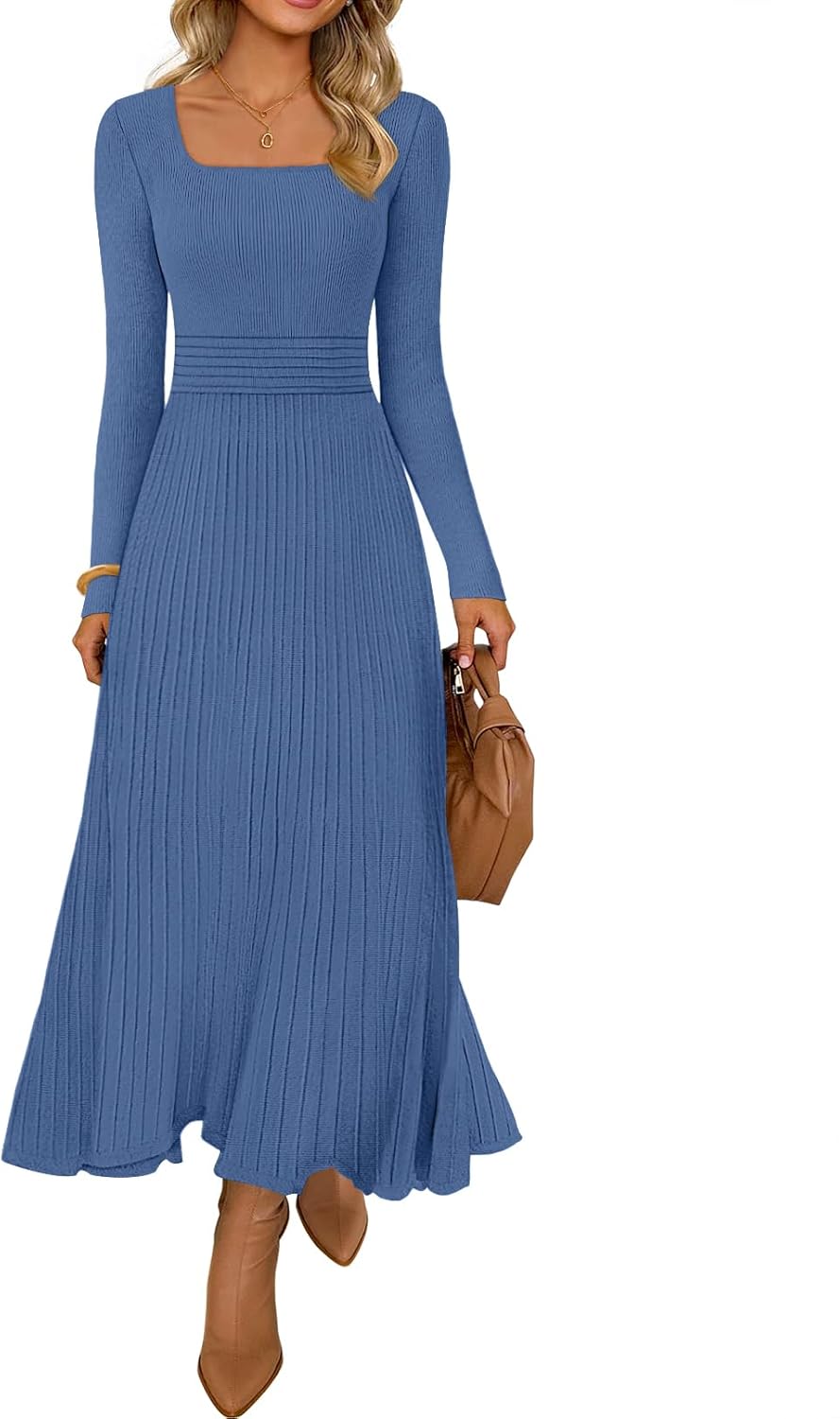 MEROKEETY Women's Sweater Dress 2025 Fall Winter Casual Long Sleeve Square Neck Pleated Church Work Knit Midi Dresses-48